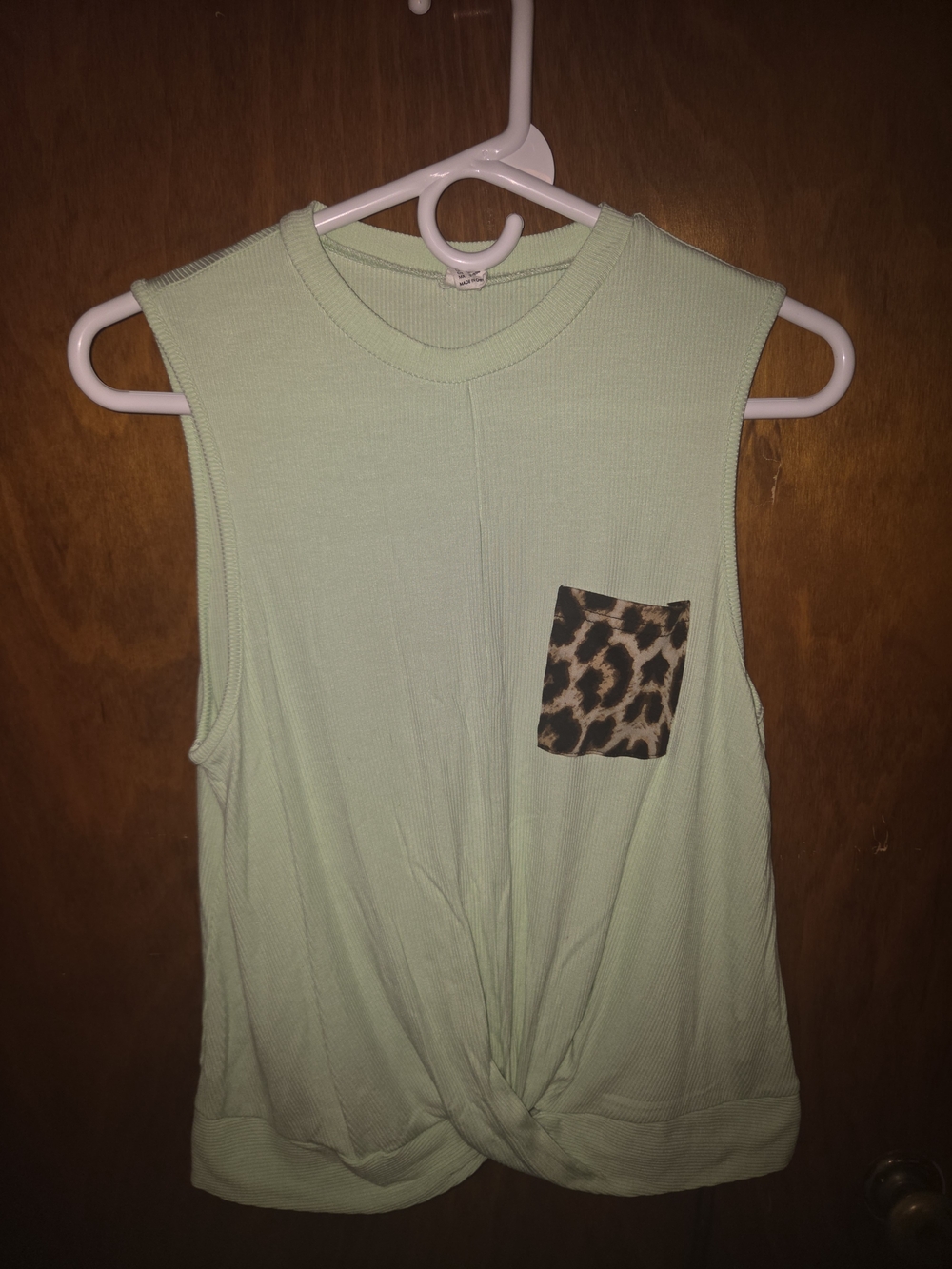 SHEIN Sage Green Ribbed Leopard Pocket Twist Front Sleeveless Tank Top - Size S